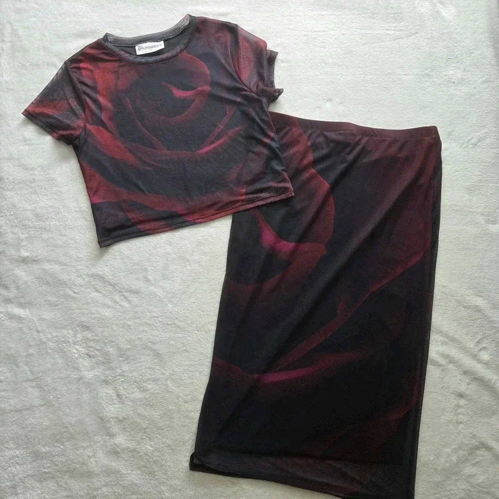 Y2K No Boundaries Two Piece Crop Shirt Skirt Mesh Dark Rose Short Sleeve Sz Lg